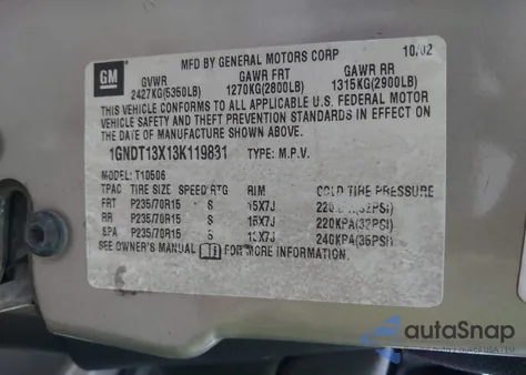 2003 Chevrolet Blazer Ls z USA, uszkodzony, nr VIN 1GNDT13X13K119831